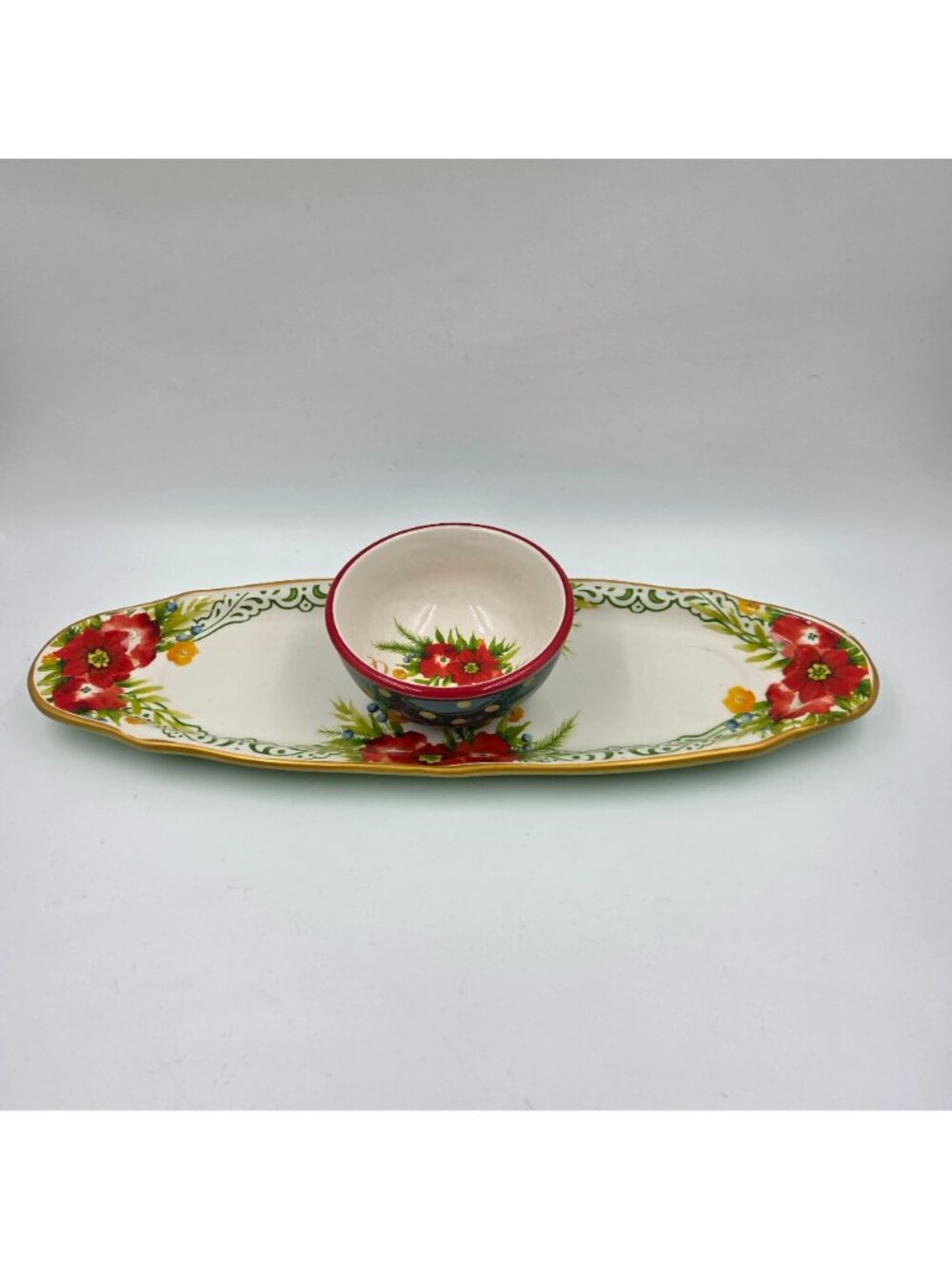 Pioneer Woman Garland 2 Piece Set Condiment Tray with Be Merry Bowl - Picture 5 of 16